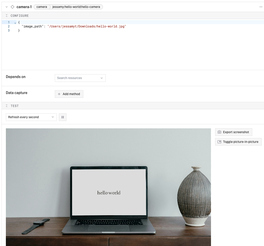 Camera and sensor both working in the test panel.